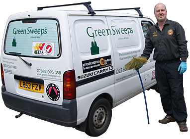 Les with his brushes beside the Green Sweeps van